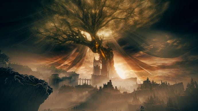 An establishing shot of the Land Of Shadow in the Shadow Of The Erdtree trailer, with the Haligtree in the centre.