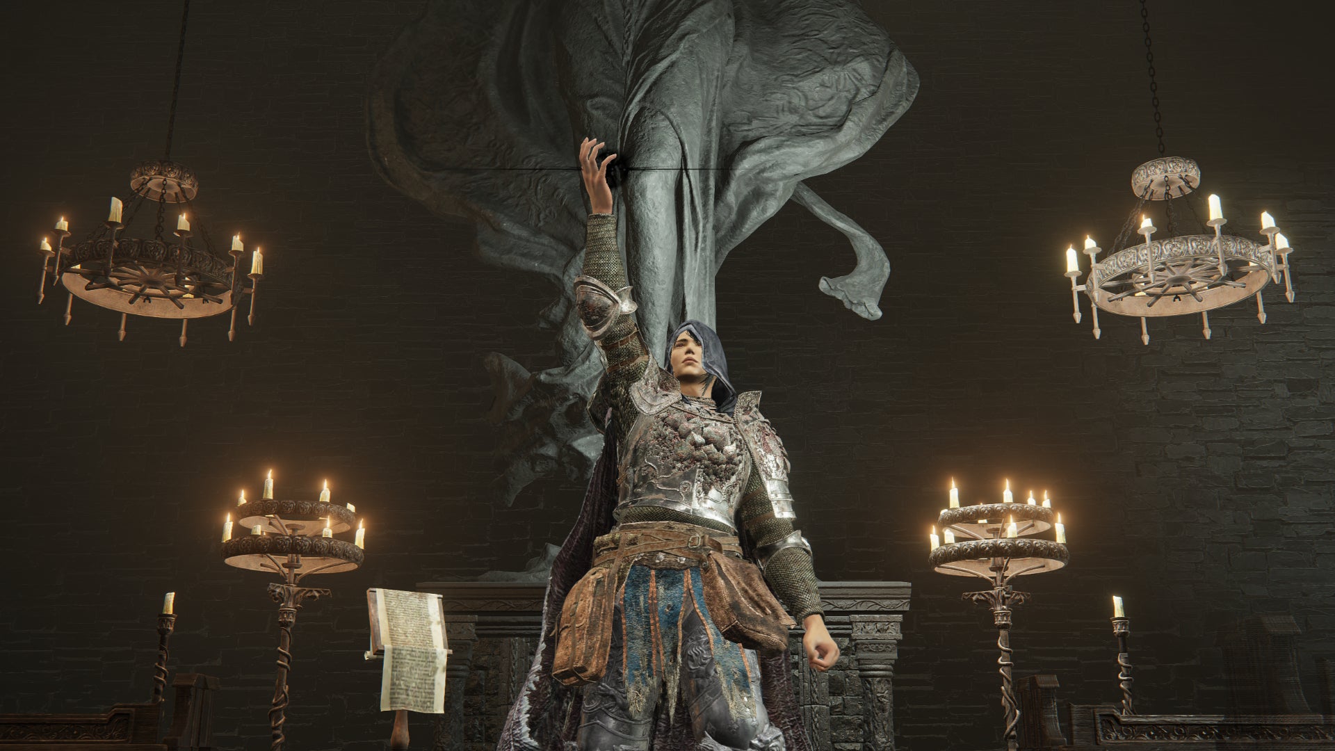 A player in Elden Ring: Shadow Of The Erdtree stands in front of a statue of Marika and holds aloft an Iris Of Occultation in their hand. - 1