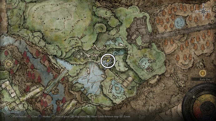A map screen in Shadow of the Erdtree showing the location of the Verdigris Discus talisman
