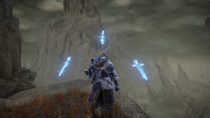 Elden Ring: Shadow Of The Erdtree screenshot of the Tarnished wielding Moonrithyll’s Knight Sword and charging it’s Weapon Skill on a clifftop.