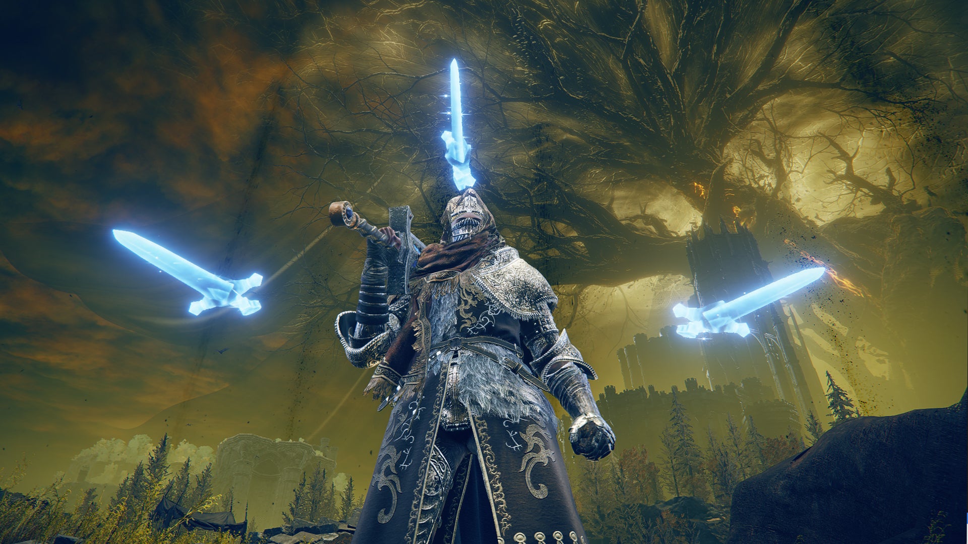 Elden Ring: Shadow Of The Erdtree screenshot of the Tarnished wielding Moonrithyll&rsquo;s Knight Sword and charging it&rsquo;s Weapon Skill on a clifftop.