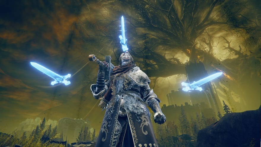 Elden Ring: Shadow Of The Erdtree screenshot of the Tarnished wielding Moonrithyll’s Knight Sword and charging it’s Weapon Skill on a clifftop.