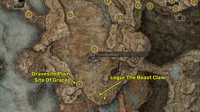 Elden Ring: Shadow Of The Erdtree screenshot of the Beast Claw map location.