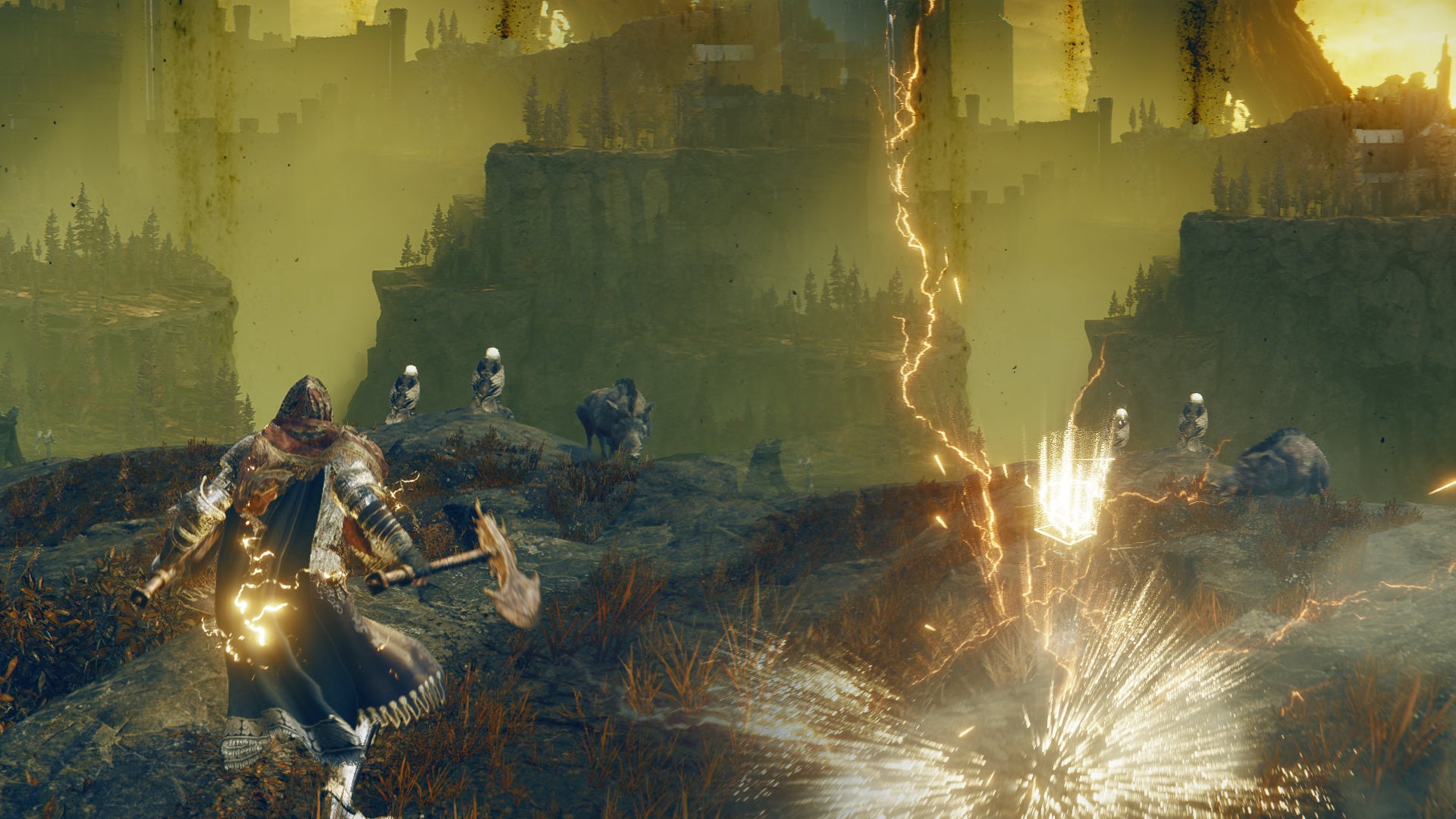 Elden Ring: Shadow Of The Erdtree screenshot of the Tarnished wielding the Death Knight's Twin Axe and charging it's Weapon Skill on a clifftop. - 5