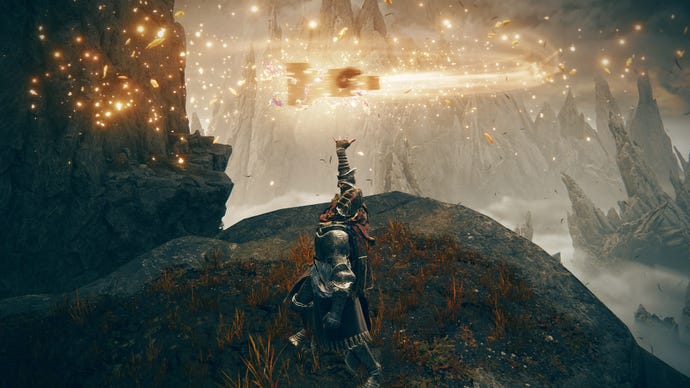 Elden Ring: Shadow Of The Erdtree screenshot of the Tarnished wielding Devonia's Hammer and charging it's Weapon Skill on a clifftop.