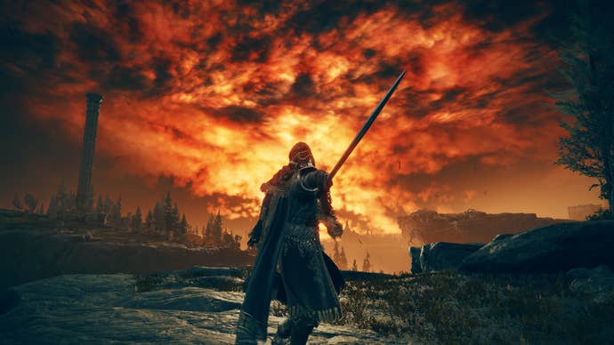 Elden Ring: Shadow Of The Erdtree screenshot of the Tarnished wielding Milday on a clifftop.