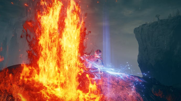 Elden Ring: Shadow Of The Erdtree screenshot of the Tarnished wielding Rellana’s Twinblade and charging it’s Weapon Skill on a clifftop.