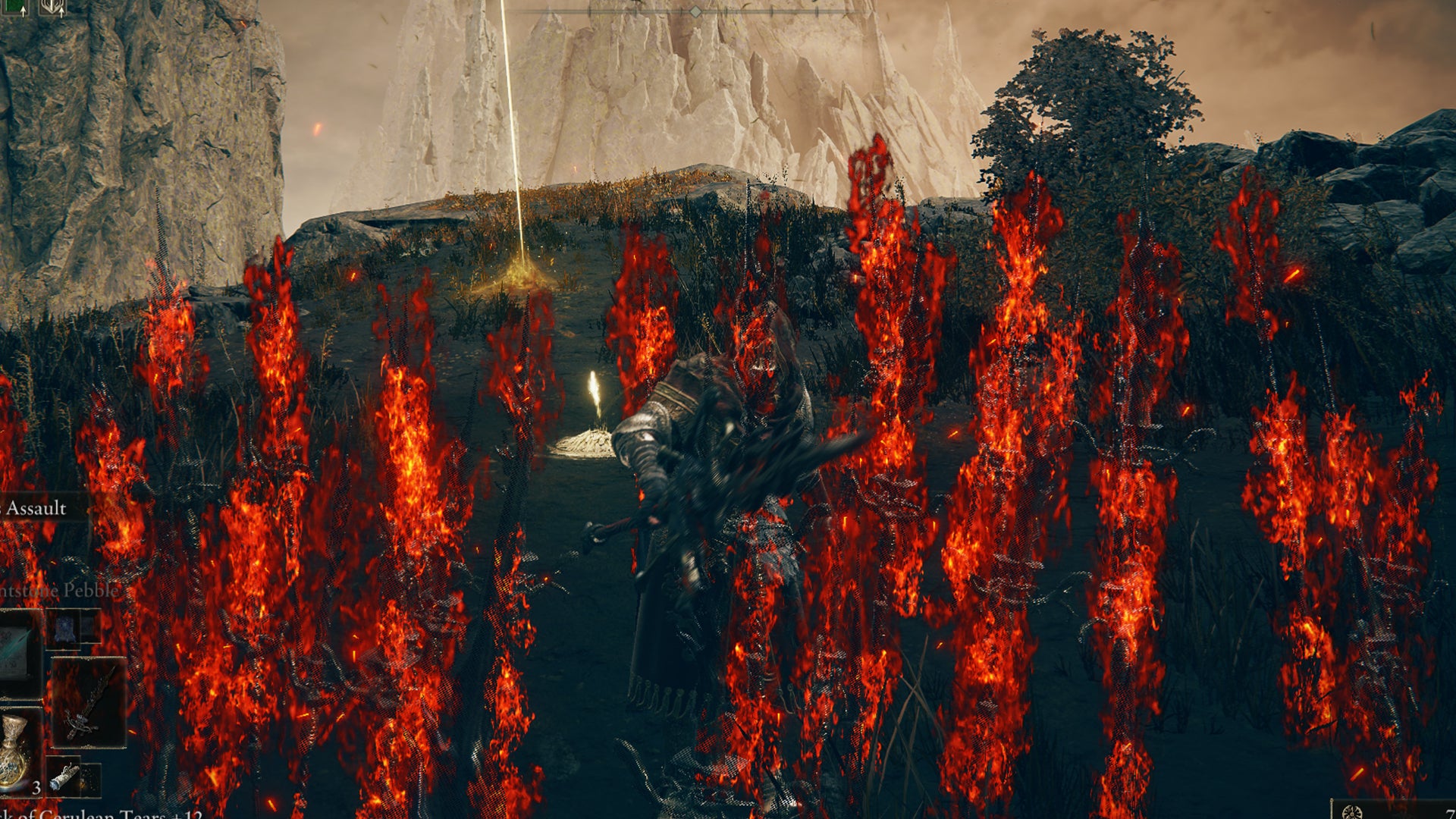 Elden Ring: Shadow Of The Erdtree screenshot of the Tarnished wielding the Spear of the Impaler and charging it's Weapon Skill on a clifftop. - 23