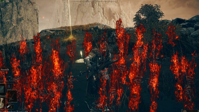 Elden Ring: Shadow Of The Erdtree screenshot of the Tarnished wielding the Spear of the Impaler and charging it's Weapon Skill on a clifftop.