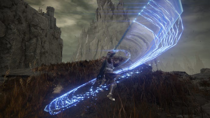 Elden Ring: Shadow Of The Erdtree screenshot of the Tarnished wielding Star-Lined Sword and charging it's Weapon Skill on a clifftop.