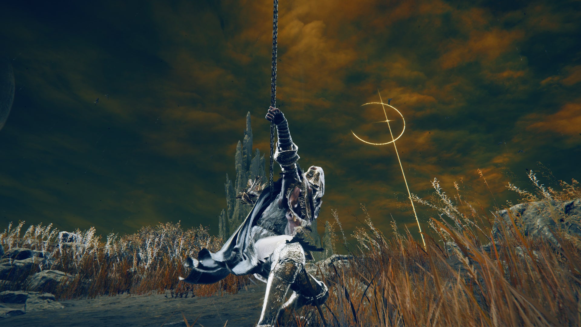 Elden Ring: Shadow Of The Erdtree screenshot of the Tarnished wielding the Swift Spear and charging it's Weapon Skill on a clifftop. - 13