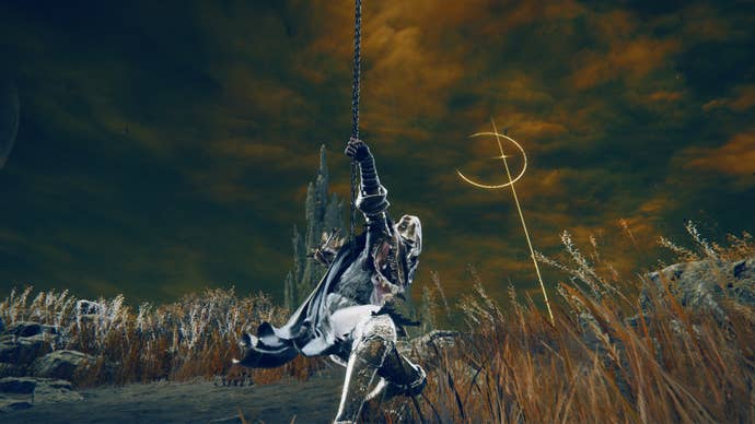 Elden Ring: Shadow Of The Erdtree screenshot of the Tarnished wielding the Swift Spear and charging it’s Weapon Skill on a clifftop.
