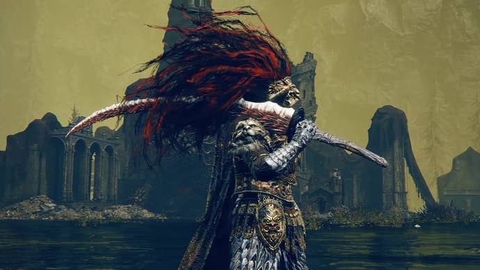 A warrior holds the Dragon Hunter’s Great Katana over their shoulder in Shadow of the Erdtree.