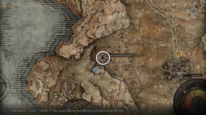 A map screen showing the location of the Western Nameless Mausoleum in Shadow of the Erdtree.