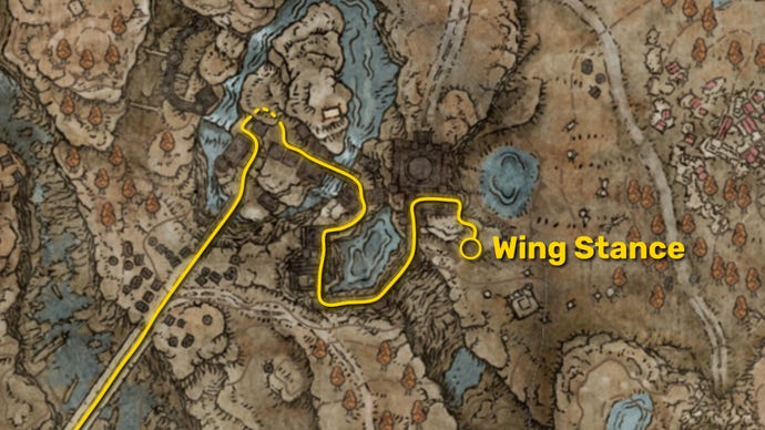 Part of the Elden Ring: Shadow Of The Erdtree map focusing on Castle Ensis, with the path to the Wing Stance Ash Of War marked in yellow.