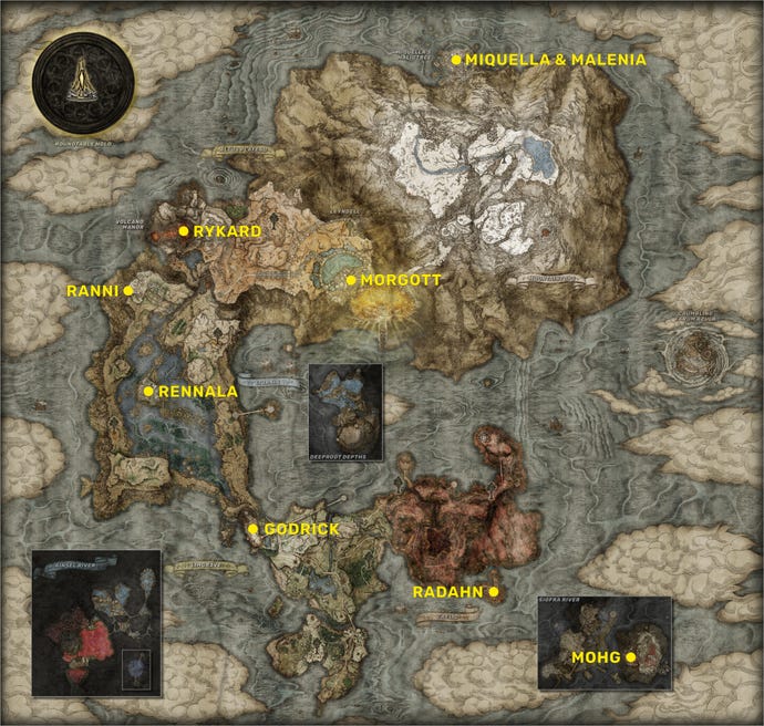 A full map of Elden Ring, with the locations of all the Shardbearers marked in yellow.