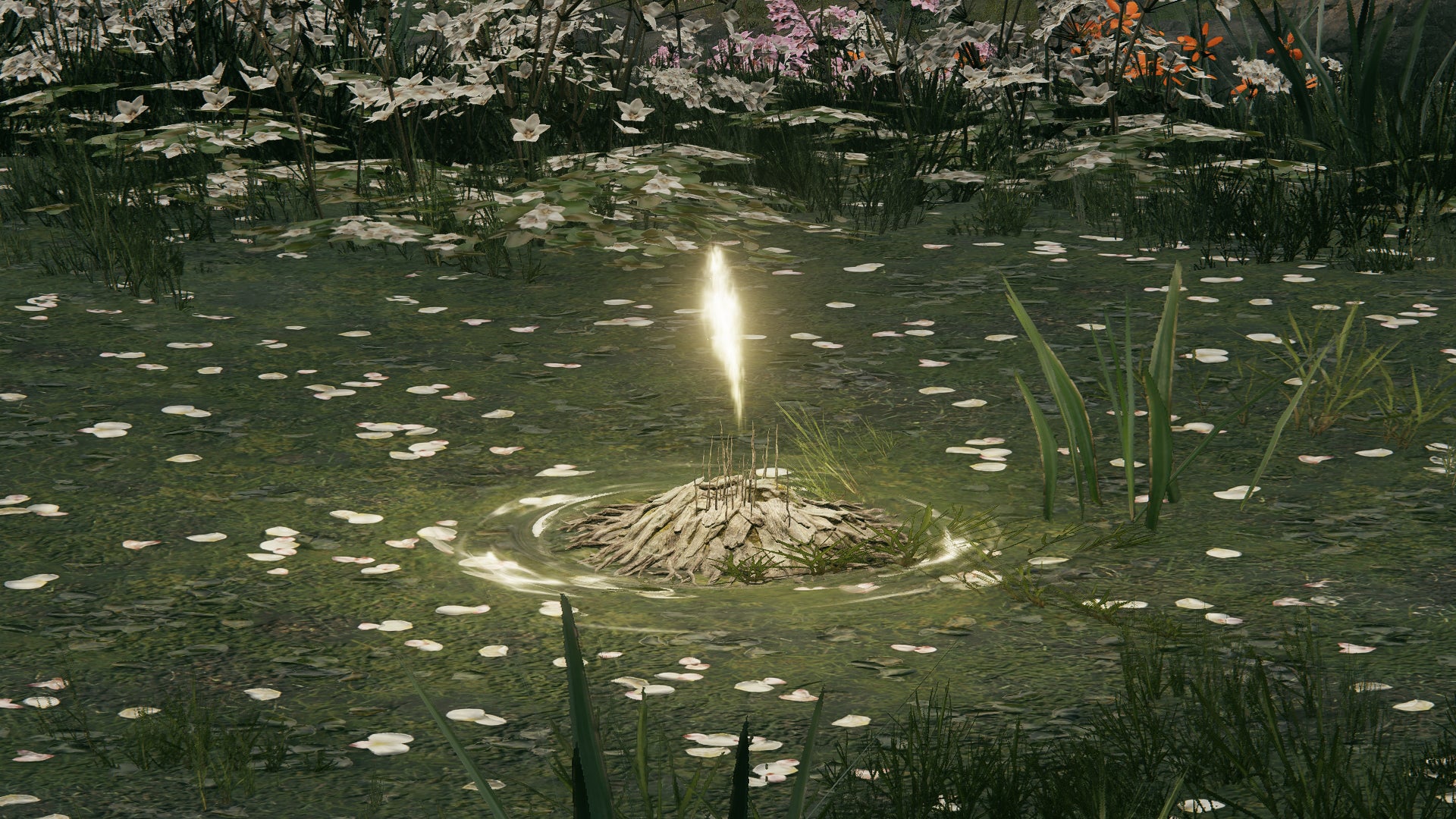 A close-up of a Site Of Grace in a flower field in Elden Ring: Shadow Of The Erdtree. - 1