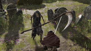 The player in Elden Ring faces off against a skeleton wielding a scythe in a graveyard.