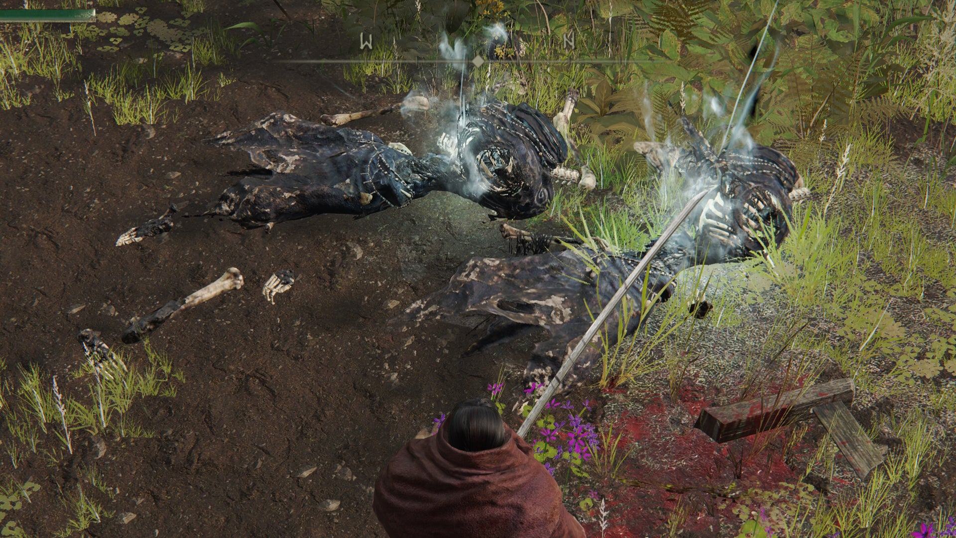 The player in Elden Ring looks at the ground where two dead skeletons are beginning to respawn. - 4