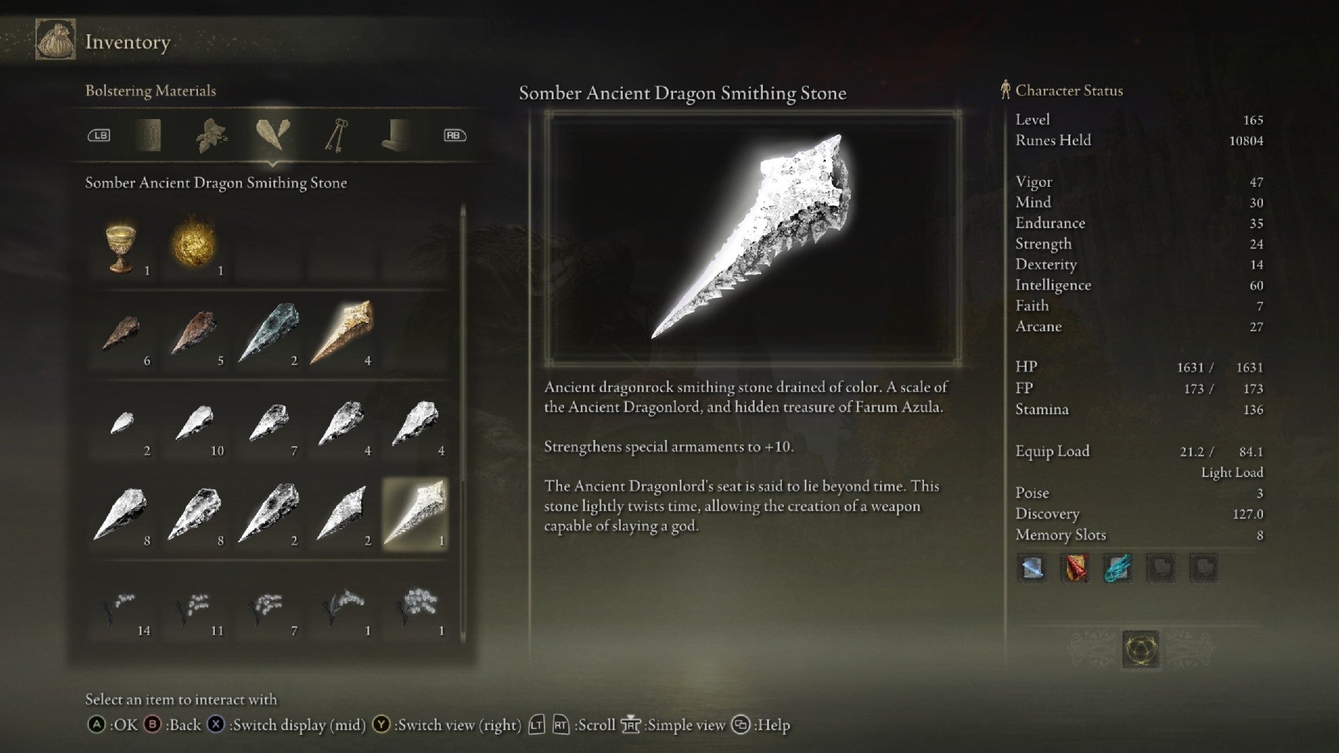 Elden Ring inventory screen displaying the Somber Ancient Dragon Smithing Stone, which is an upgrade item you can use on special weapons. - 7