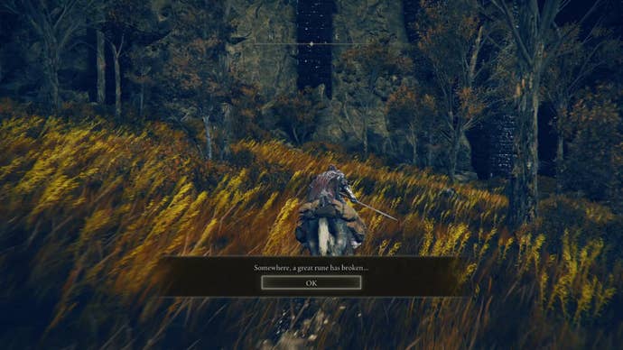 The player in Elden Ring: Shadow Of The Erdtree races on horseback through a field of tall grass. A notification pops up saying: “Somewhere, a great rune has broken…”.