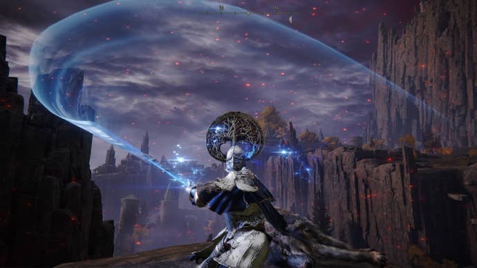 Elden Ring screenshot of the Tarnished performing the Carian Slicer Sorcery.