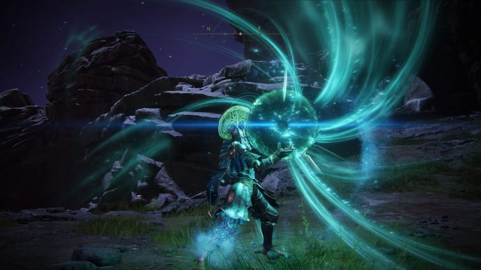 Capture d'écran d'Elden Ring du Ternished exécutant la sorcellerie de la comète Azur.