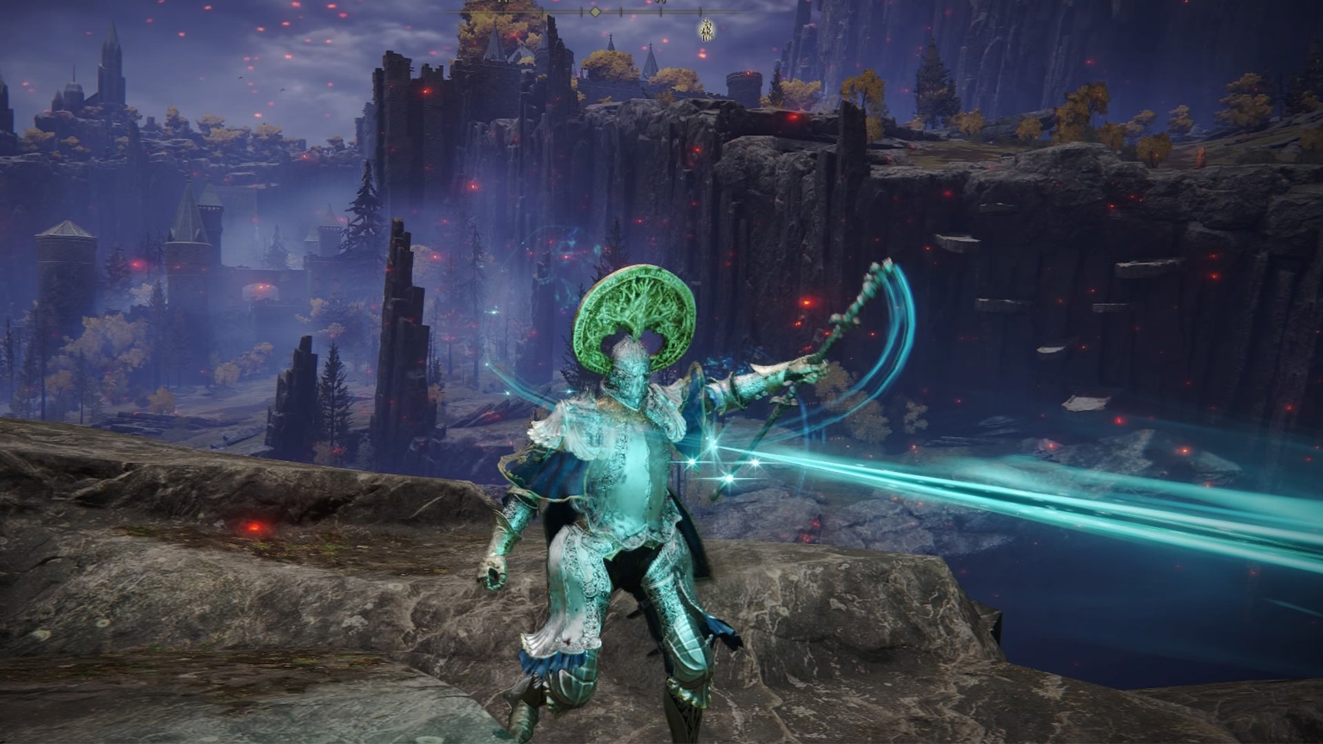 Elden Ring screenshot of the Tarnished performing the Glintstone Pebble Sorcery. - 3