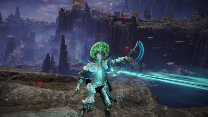 Elden Ring screenshot of the Tarnished performing the Glintstone Pebble Sorcery.