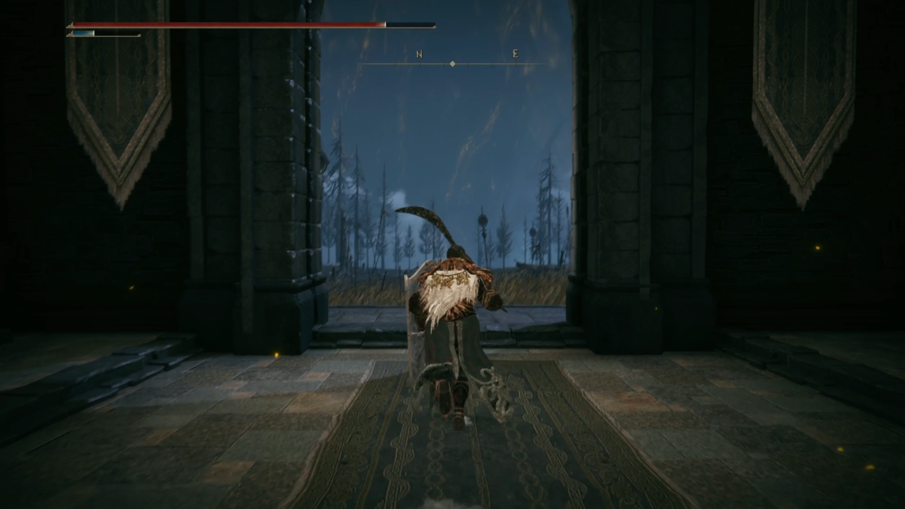 Tarnished walking towards gate leading out to Scaduview