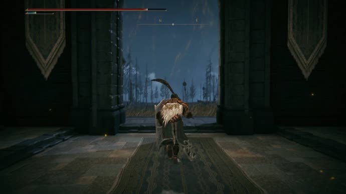 Tarnished walking towards gate leading out to Scaduview