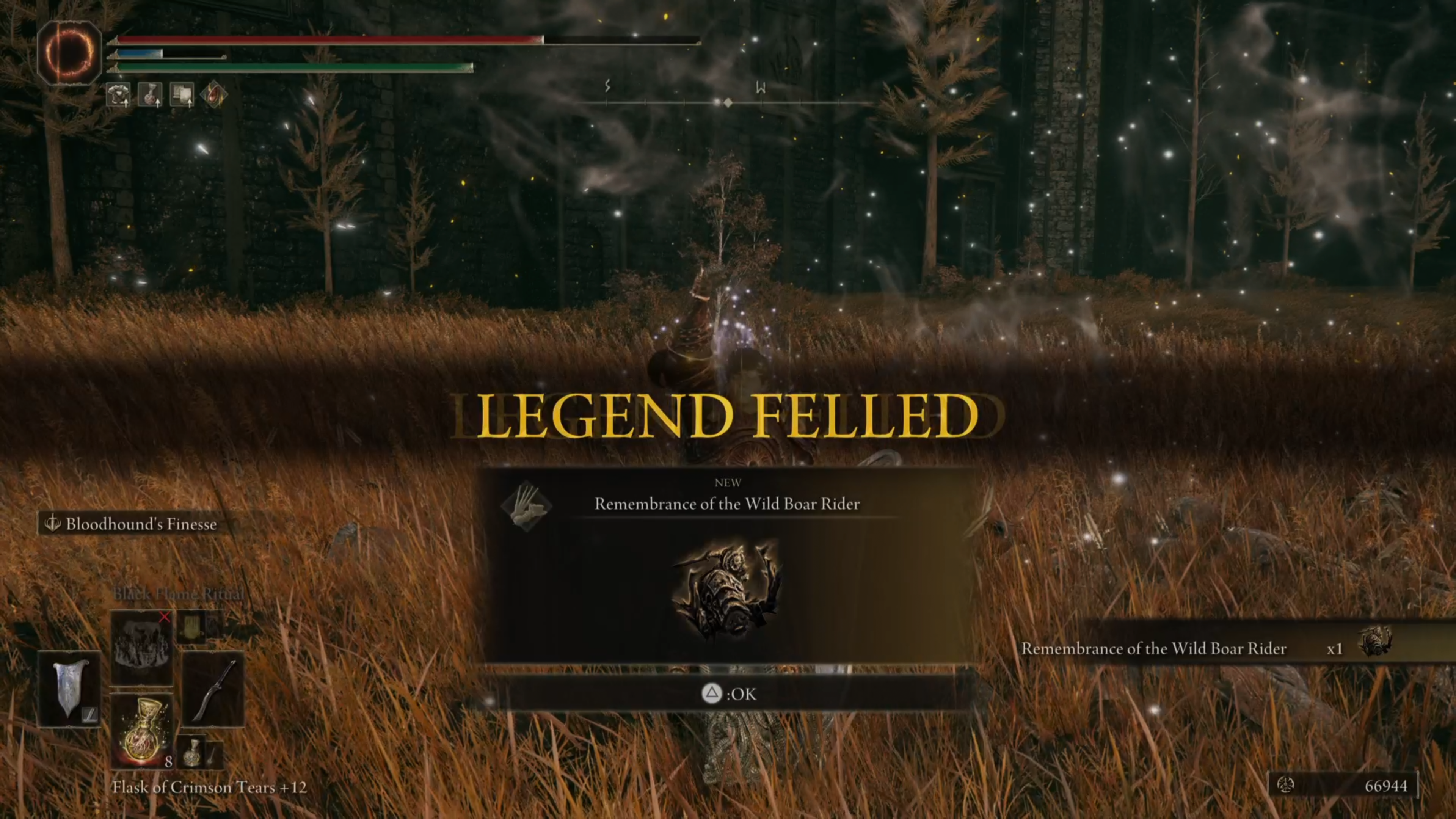 &lsquo;Legend Felled&rsquo; text display followed by reward below displayed as &lsquo;Remembrance of the Wild Boar Rider&rsquo;