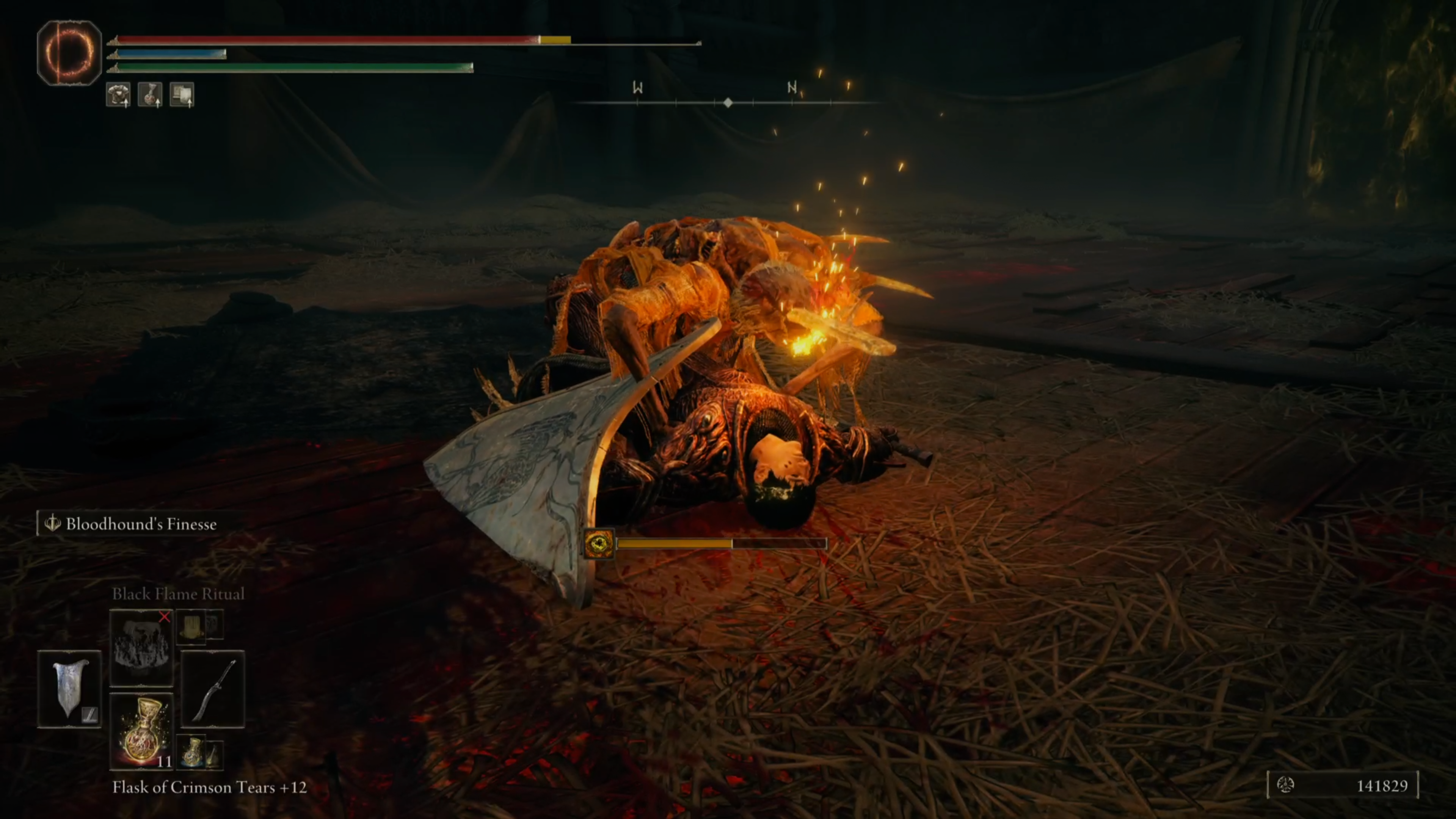 Old man Midra wrestling Tarnished to ground and inflicting madness