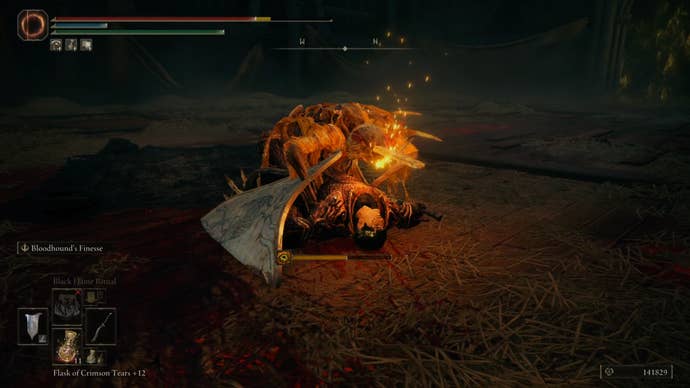 Old man Midra wrestling Tarnished to ground and inflicting madness