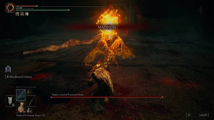 Tarnished damaged by madness in fight with Midra, Lord of Frenzied Flame