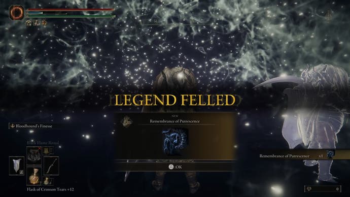 Large 'Legend Felled' text and reward displayed: 'Remembrance of Putrescence'