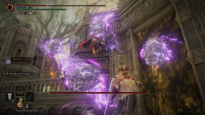 Radahn in the air charging up electrified floating rocks