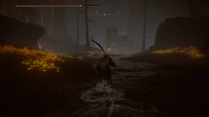 Abandoned church and map fragment stele in the distance in Abyssal Woods