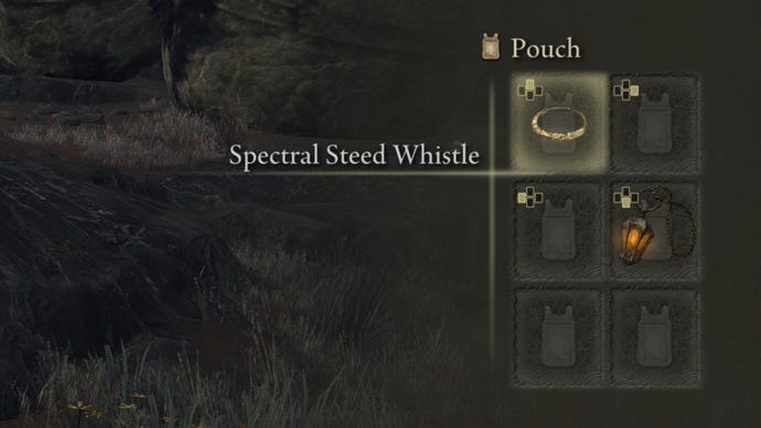 A close-up of the player’s Pouch slots in Elden Ring, with the Spectral Steed Whistle highlighted.