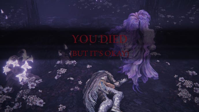 The player in Elden Ring: Shadow Of The Erdtree dies at St. Trina's feet after imbibing her nectar. Words superimposed over the image read "You died but it's okay".