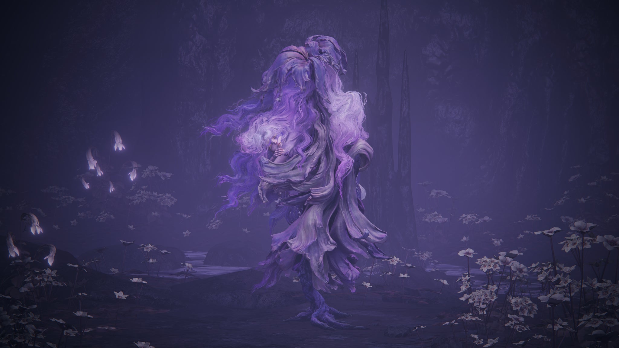 A close-up of St. Trina in Elden Ring: Shadow Of The Erdtree, standing asleep in a purple cave. - 14
