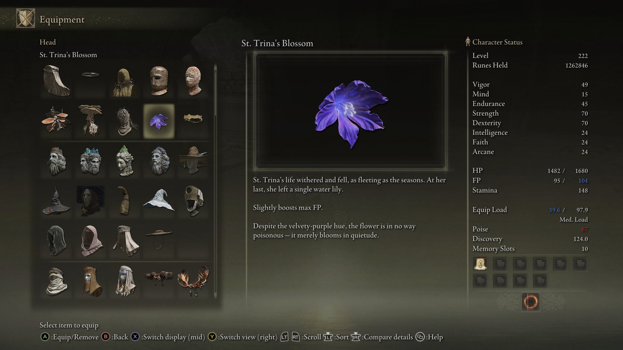 The in-game item description for St. Trina's Blossom in Elden Ring: Shadow Of The Erdtree. - 18