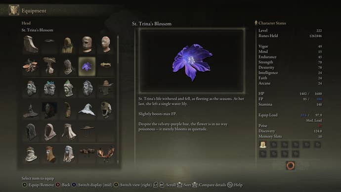 The in-game item description for St. Trina’s Blossom in Elden Ring: Shadow Of The Erdtree.