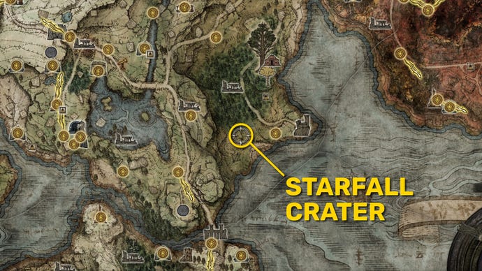 Une partie de la carte Elden Ring avec l'emplacement du cratère Starfall surligné en jaune.