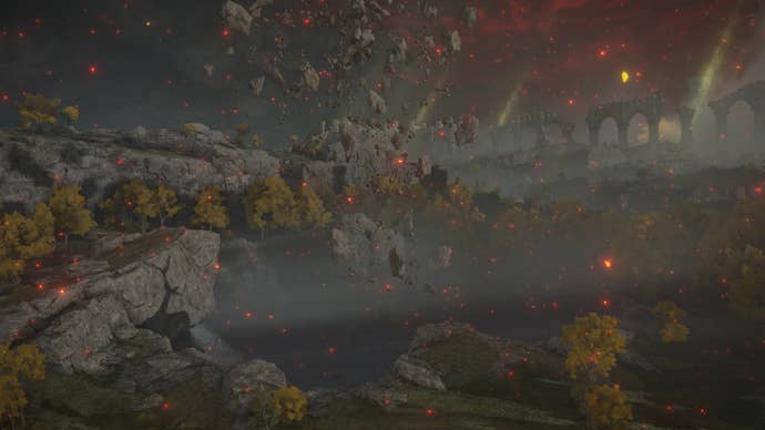 An establishing shot of Starfall Crater in Limgrave in Elden Ring.