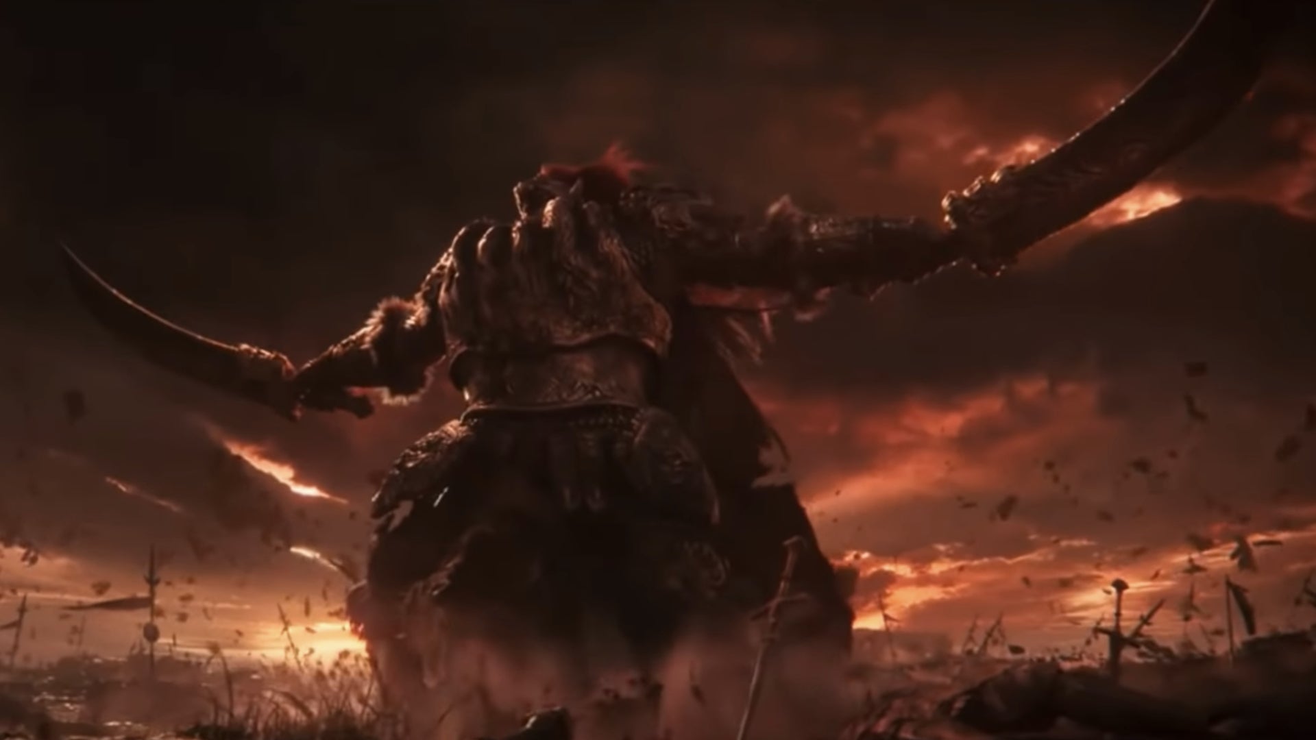 A screenshot from a cinematic trailer for Elden Ring, depicting General Radahn standing in a battlefield brandishing his dual greatswords. - 9