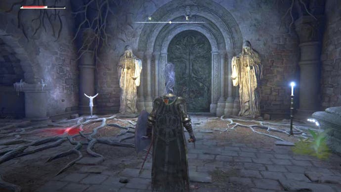 elden ring stormfoot catacombs large gate with two statues