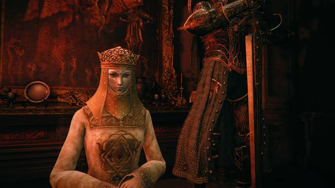 A close-up of Tanith, an NPC in Elden Ring, resting on her chair next to her bodyguard in Volcano Manor.