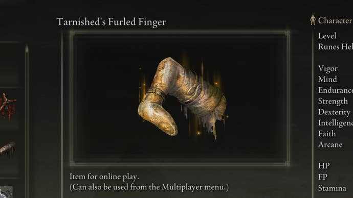 A close-up of the art for the Tarnished’s Furled Finger item in the Elden Ring equipment menu.