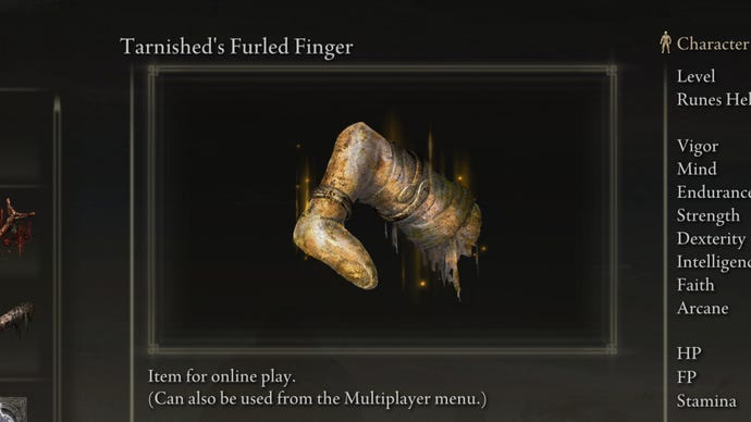 A close-up of the art for the Tarnished's Furled Finger item in the Elden Ring equipment menu.